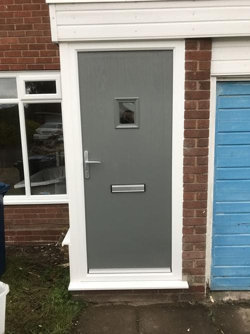 Grey composite door with square glazing panel